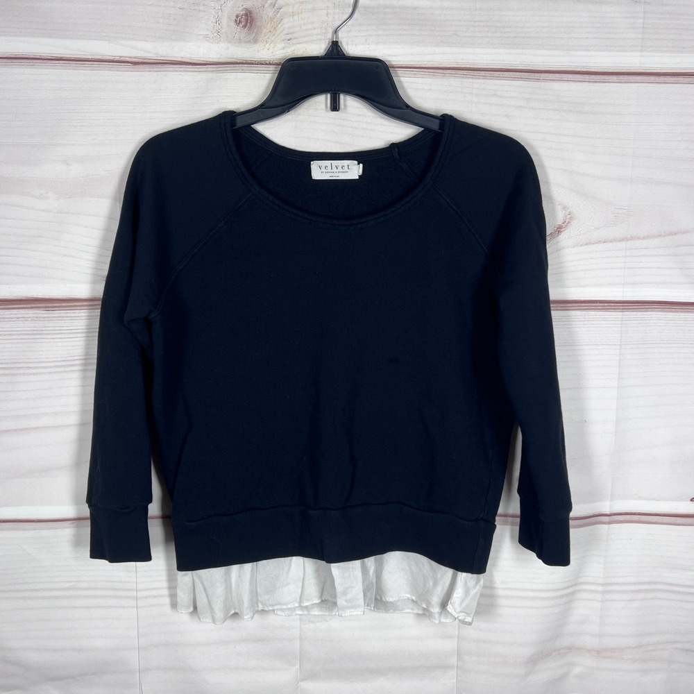 Velvet by Graham & Spencer Sweatshirt Womens S Black Layered Hem Raglan Casual